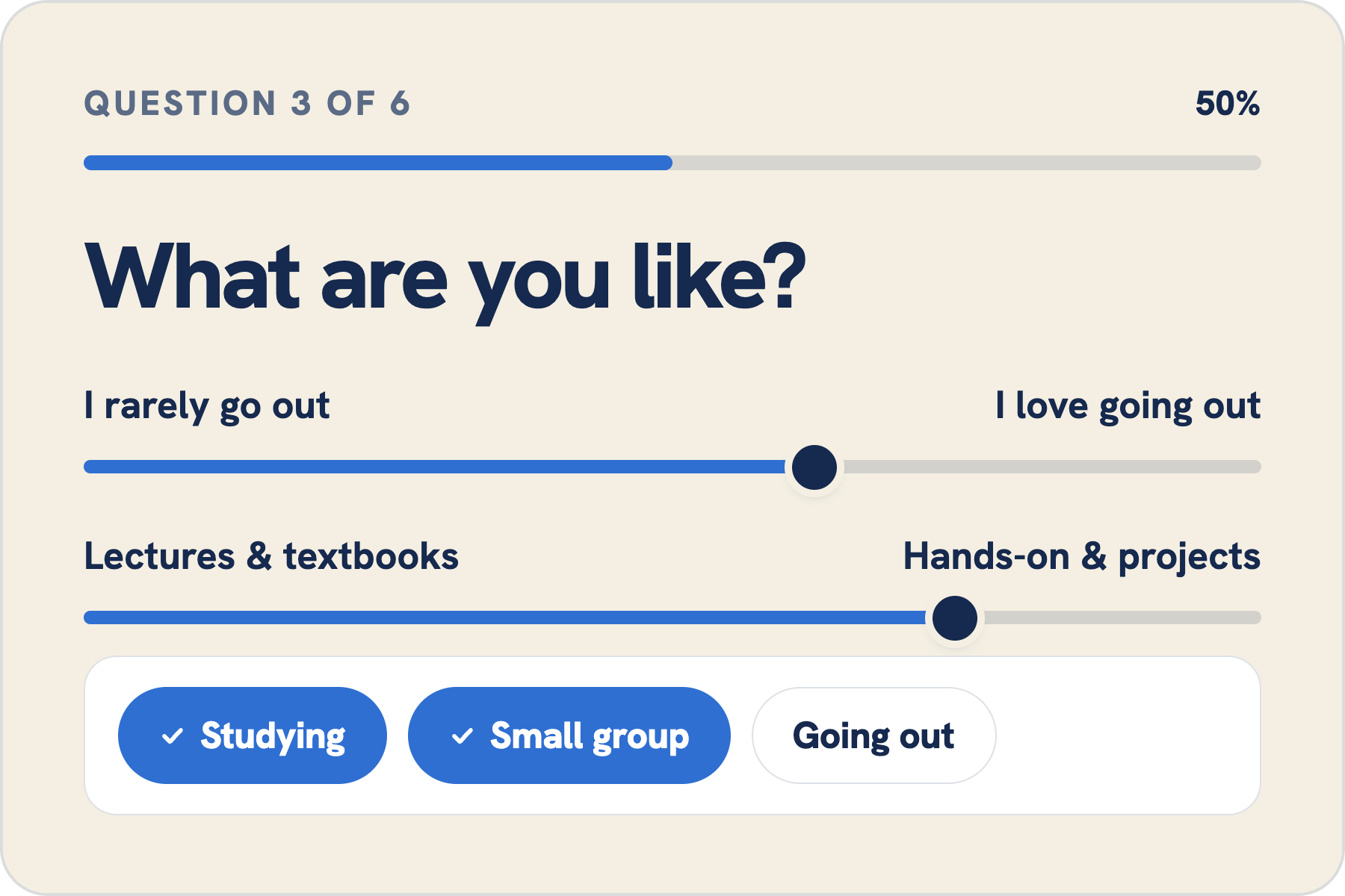 A quiz question asking what you are like, with sliders and answer chips.