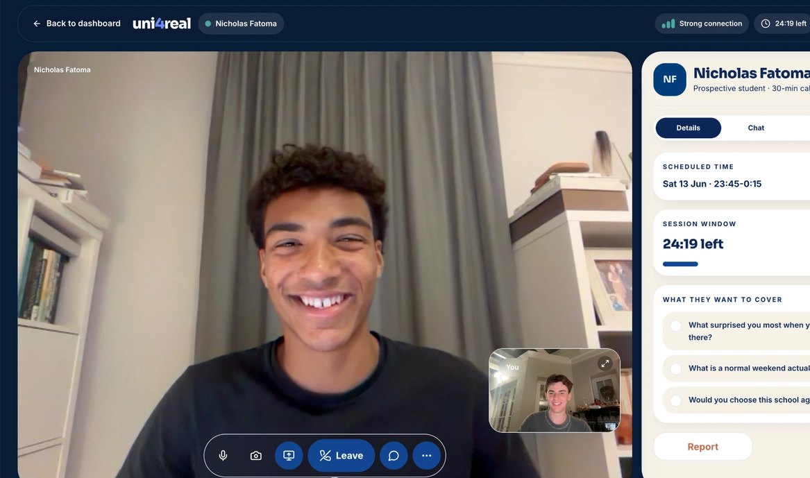 A private uni4real 1:1 video call with a current student